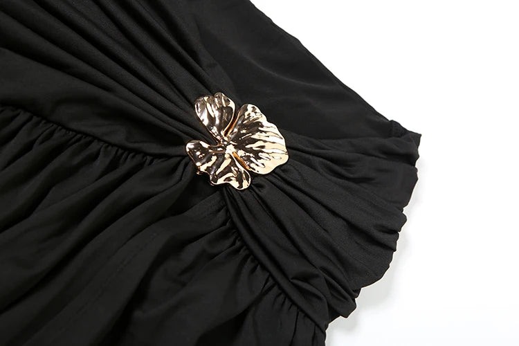 Sexy Y2K Women 2 Piece Set Elegant Skew Collar Crop Tops+Pleated Metal Buckle Maxi Skirts Party Midnight Clubwear