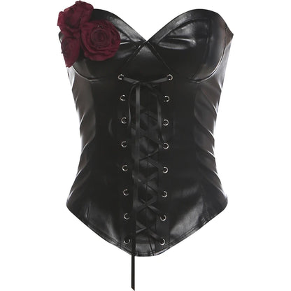 Wrap Chest Faux Leather Tank Tops Woman Sexy Rose Applique Shirring Backless Hot Girls Street Wild Style Classic Vests