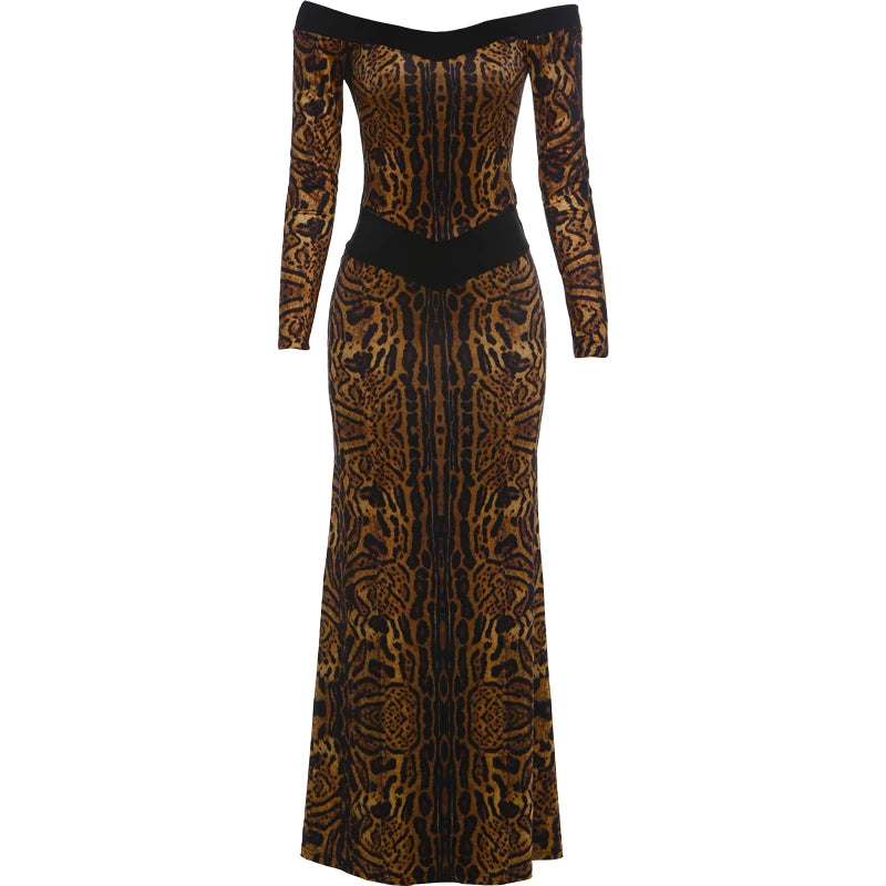 Sexy Leopard Backless Dress Women Autumn Trend Color Blocking Hollow Full Sleeve Elegant Fashion Party Street Bodycon