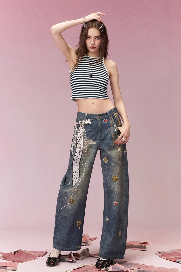 Fitted Tank Top with Minimalist Logo Embroidery & Stripes, Sweet Cool Slim Camisole for Women, Versatile Layering Basics