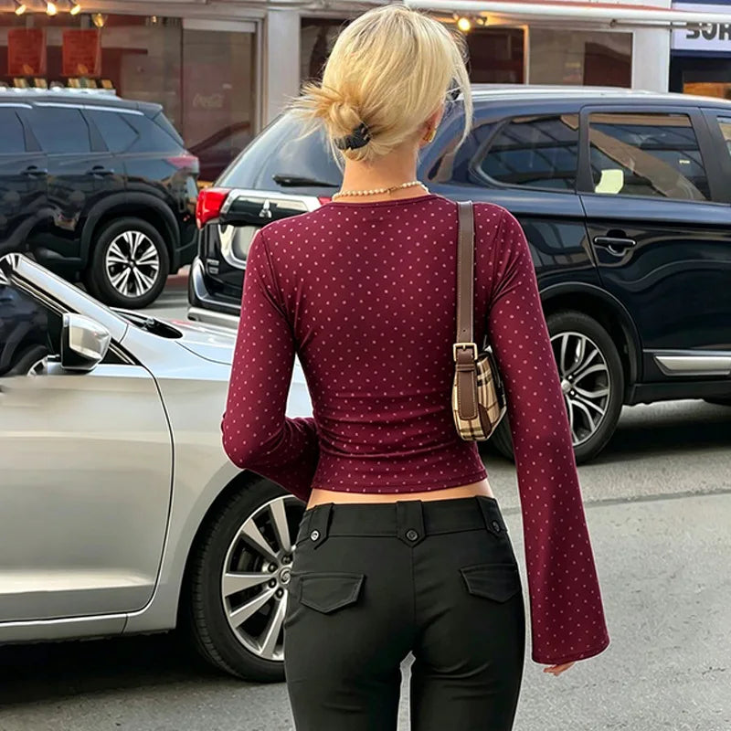 Polka Dot T Shirts Lace Trim Deep V Neck Long Flared Sleeves Fitted Crop Tops for Women Clothes Autumn 2026