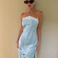 Elegant Backless Satin Dress Women Fashion Classic Halter Bandages Lace Patchwork Sleeveless Sexy Party Club Bodycon