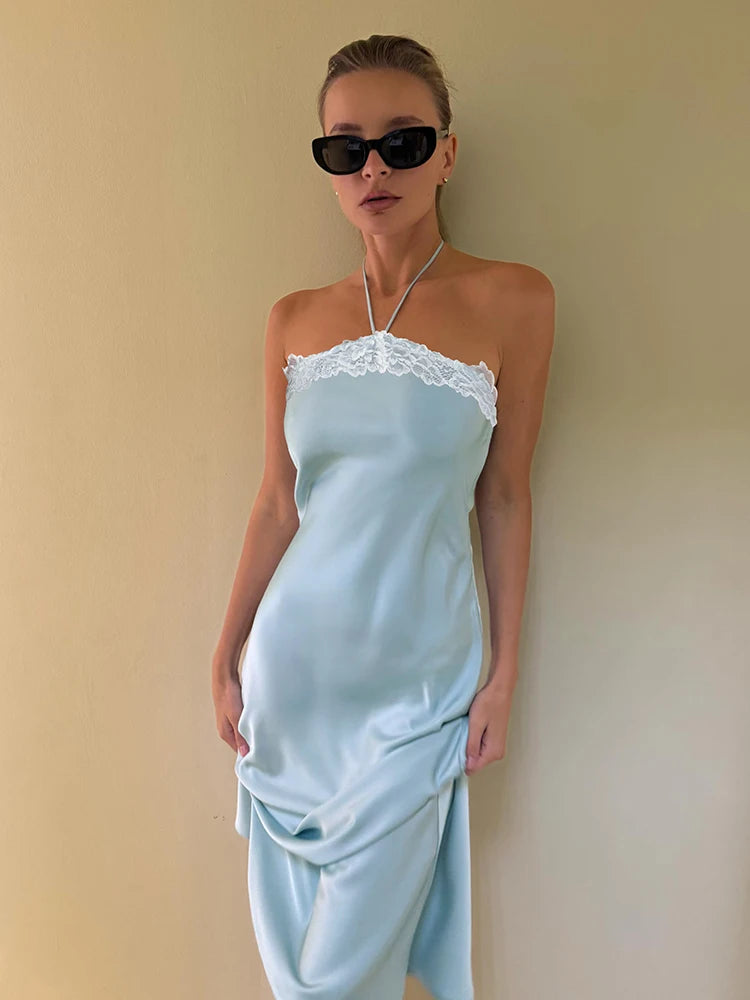 Elegant Backless Satin Dress Women Fashion Classic Halter Bandages Lace Patchwork Sleeveless Sexy Party Club Bodycon
