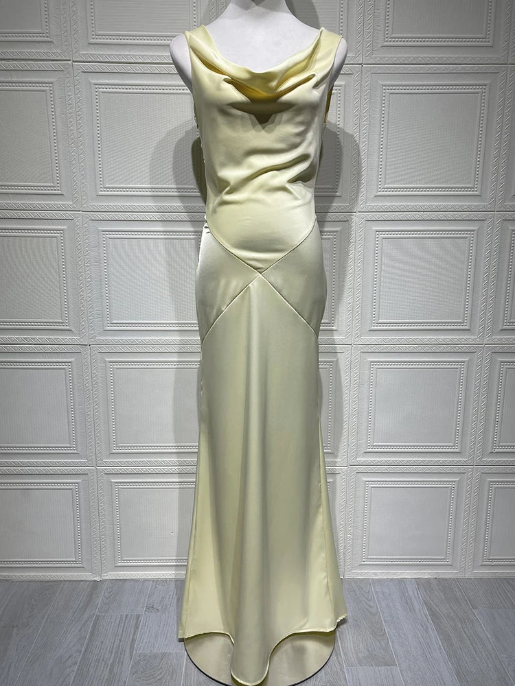 Satin Backless Draped Sexy Maxi Dress Women Fashion Cowl Neck Sleeveless High Waist Club Party Long Dress Female New