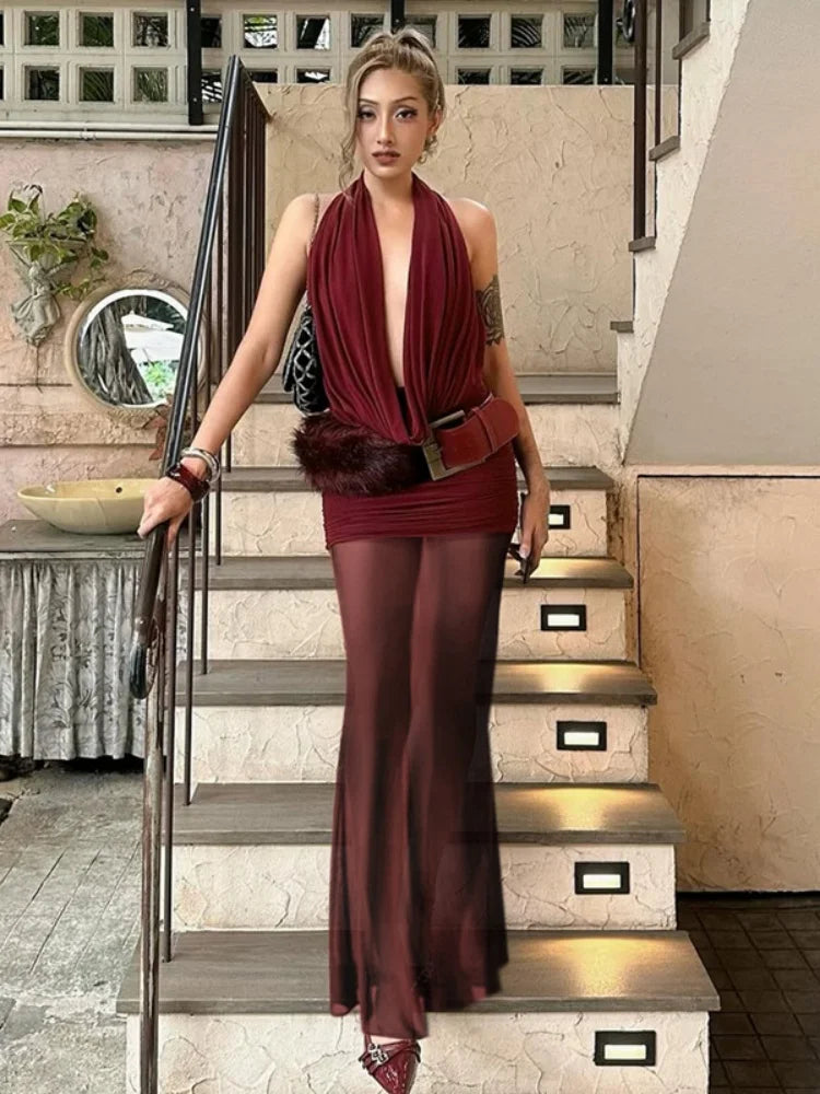 Sexy Summer Maxi Dresses Mesh 2 Piece Set Deep V Neck Backless Dress with Skirt 2026 Woman Clothing