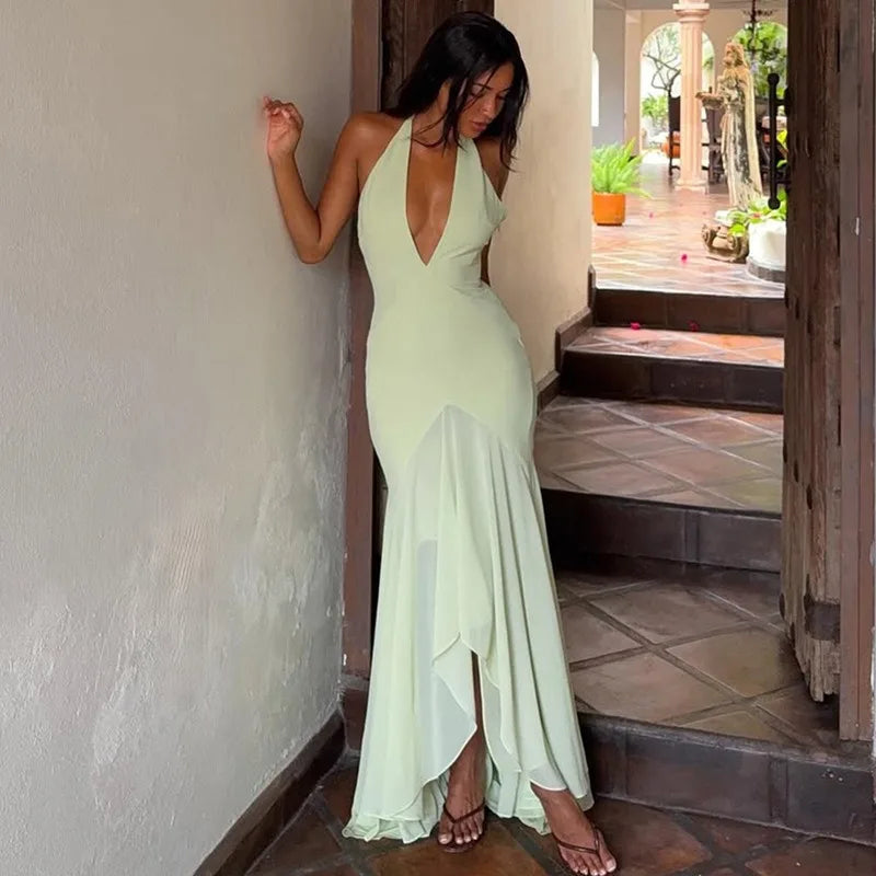 Green Mesh Flowy Elegant Dress Deep V Neck Backless Long Dresses for Woman Party Sexy Outfits