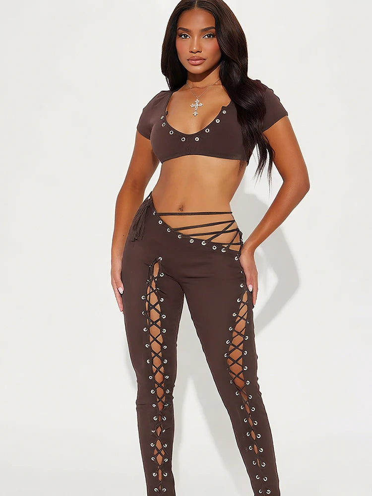 Sexy 2piece Set Women Hipster Halter Camisole+Shirring Hollow Pants Midnight Matching Stretch Clubwear Skinny Outfits