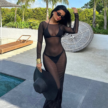 Women Slash Neck Mesh See-Through Dress New Sexy Slim Pullover Long Sleeve Floor-Length Solid Dresses Beach Cover ups