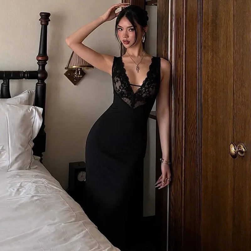 Floral Lace Trim Deep V Neck Backless Long Maxi Dress Sexy Elegant Black Evening Dresses Woman 2026