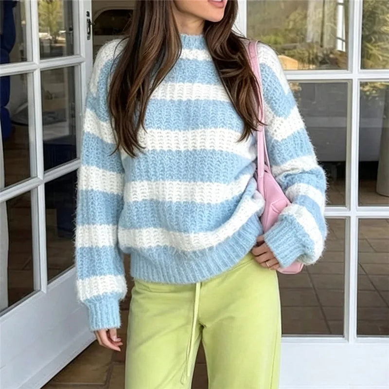 Women Striped Fuzzy Knit Sweater Crew Neck Long Sleeve Oversized Pullover Y2K Vintage Casual Fall Winter Knit Top