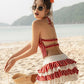 Stripe Print 2-Piece Set Women Halter Bandage Backless Crop Top+Patchwork Lace Tierred Skirt Beach Vacation Outfits