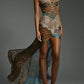 See Through Maxi Dress Women Sexy Patchwork Leopard Print High Slits Single-Breasted Hollow Summer Vacation Vestidos