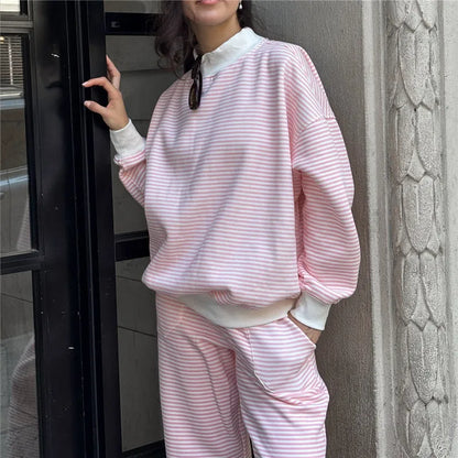 Striped Sweatshirt Sets for Women 2 Piece Pants Outfits Y2k Long Sleeve High Neck Pullover and Pants Spring Tracksuit
