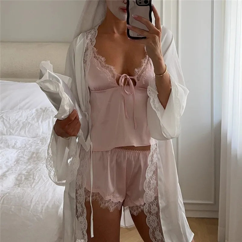 2 Piece Satin Silk Cami Tops and Shorts Set Womens Sexy Lace Trim Solid Color Pajama Sets Y2K Cute Matching Lounge Set