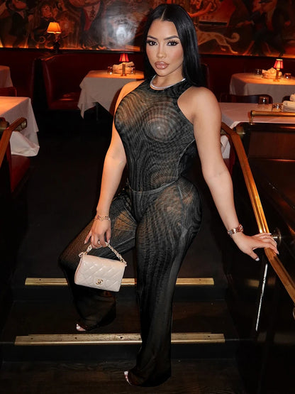 Geometric Print Patchwork 2 Piece Set Women o-Neck Skinny Bodysuit+Wide-leg Trousers Midnight Club Party Sexy Outfits