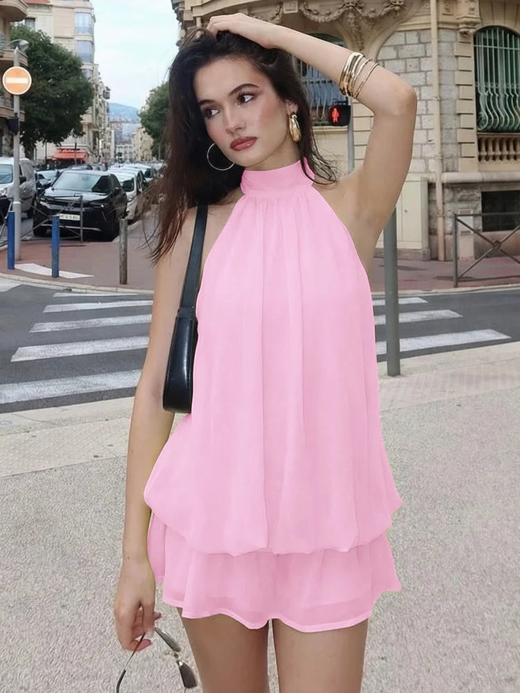 Sexy Mesh Backless Halter Mini Dress Yellow 2026 Summer Dresses for Women Vacation Outfits