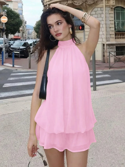 Sexy Mesh Backless Halter Mini Dress Yellow 2026 Summer Dresses for Women Vacation Outfits