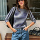 Women Boat Neck Striped T Shirt 3/4 Sleeve Slim Fit Cropped Tee French Retro Basic Top Casual Daily Spring Fall Blouse