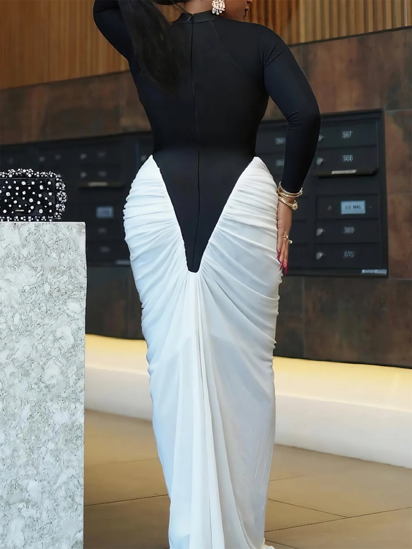 Sexy Patchwork Dress Women Ruched Color Block Full Sleeve Peach Hip Elegant Simple Stretch Slim Evening Prom Bodycon