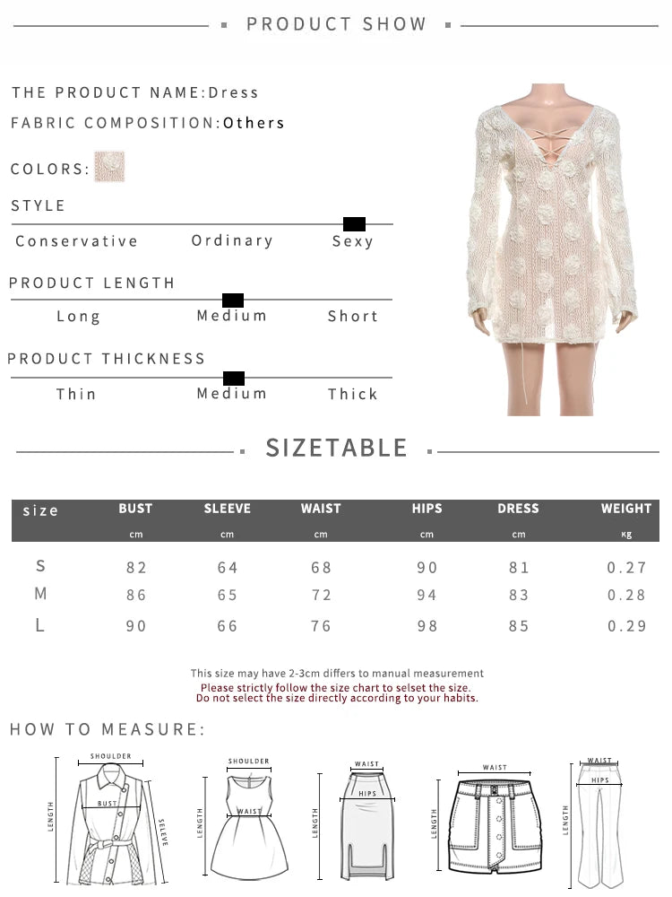 Sexy Shirring Backless Knit Dress Women Fashion Simple 3D Applique See Through Puff Sleeve Trend Party Club Bodycon