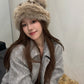 Women's Leopard Print Bear Ears Plush Hat Thick Warm Winter Cap Fashionable Earflap Bucket Hat for Ladies