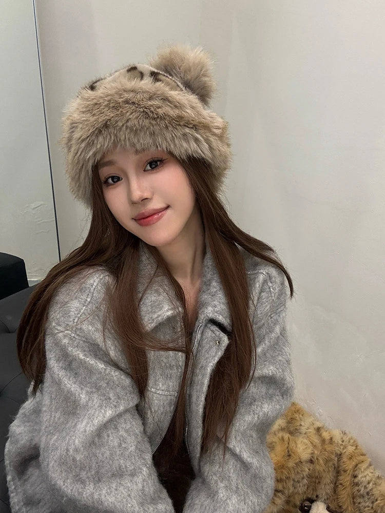 Women's Leopard Print Bear Ears Plush Hat Thick Warm Winter Cap Fashionable Earflap Bucket Hat for Ladies