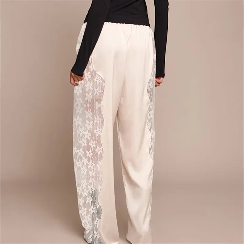 Women's Satin Wide Leg Trousers Lace Patchwork High Waisted Drawstring Lounge Pants Elegant Loose Fit Bottoms