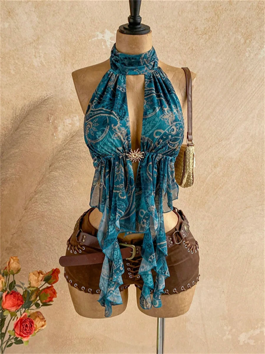 Sexy Print Backless Tank Top Women Hottie Halter Bandages Metal Buckle Hollow Irregular Hem Fashion Vacation Vest