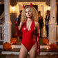 Women Devil Halloween Cosplay Costume Set Red Patent Leather Halter Bodysuit Long Metallic Gloves Devil Horn Headband