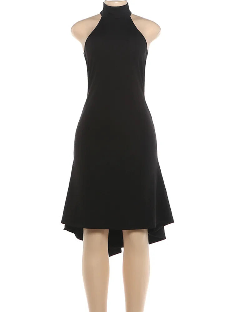 Women Halter Neck Backless Midi Dress Hollow Out Back Tie‑Up Ruffle Hem Mermaid Dress Latin Dance Party Evening Dresses
