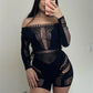 Sexy Thick Romper Women Summer Trend Stretch Hollow Long Sleeve Solid Midnight Hipster Fitness Clubwear Playsuits