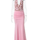 Women Halter Deep V Neck Mermaid Sexy Maxi Dress Floral Lace Spliced Ruched Bodycon Floor‑Length Evening Party Dress