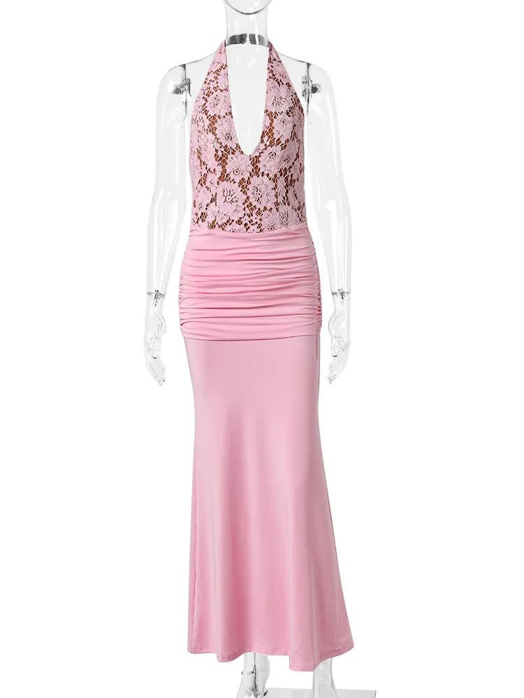 Women Halter Deep V Neck Mermaid Sexy Maxi Dress Floral Lace Spliced Ruched Bodycon Floor‑Length Evening Party Dress