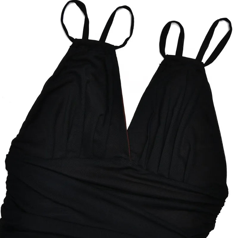 Spaghetti Strap Deep V Backless Split Long Dresses for Women See Through Ruched Mesh Dress Sexy Party Outfits