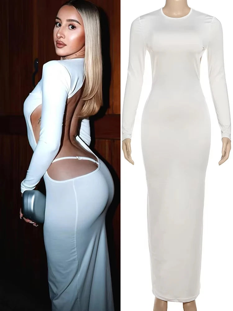 Backless Dress Women Sexy o-Neck Full Sleeve Adjustable Straps Autumn Fashion Skinny Simple Midnight Maxi Bodycon