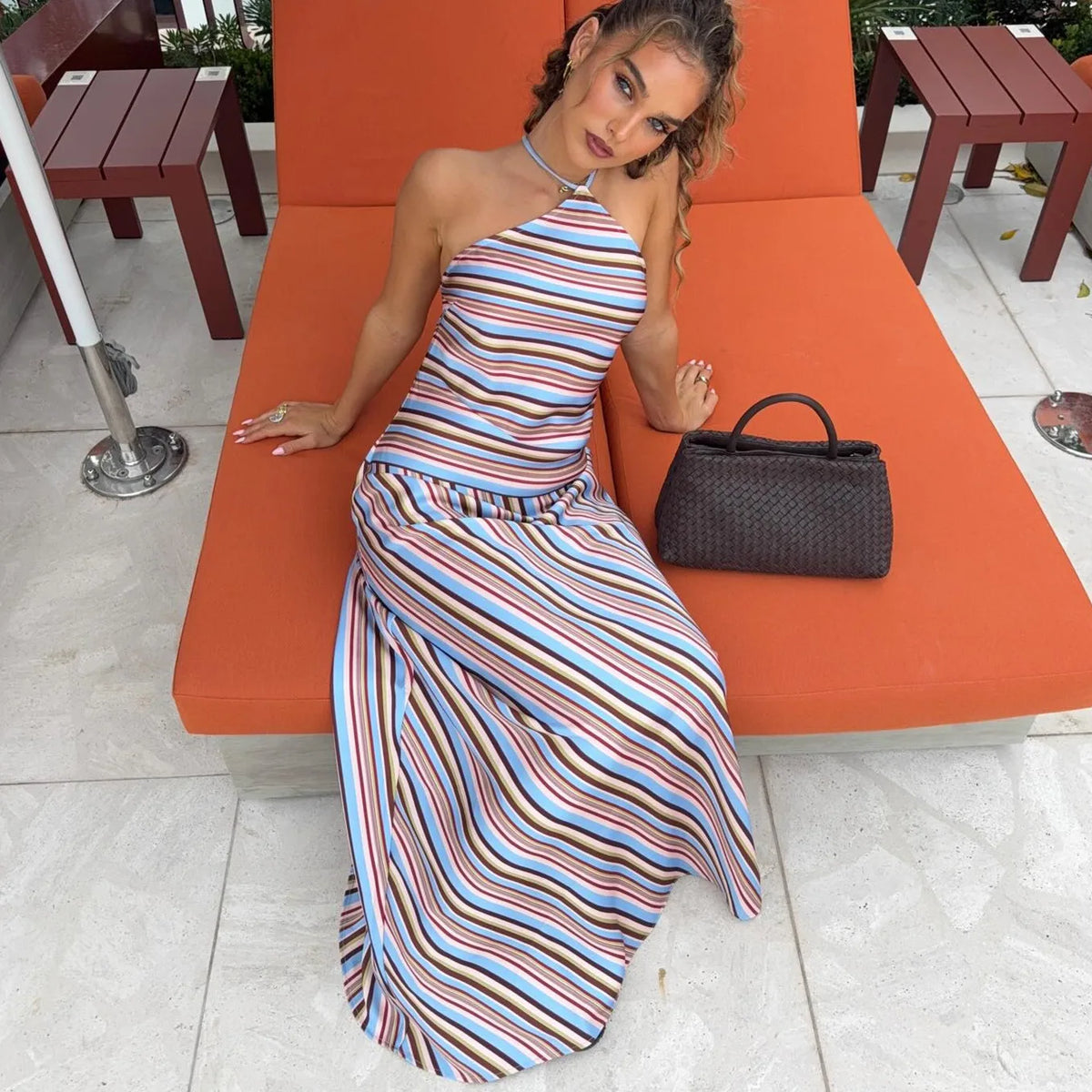 Elegant Y2K Striped Halter Neck Maxi Dress Summer Backless Tie-Up Cross Strap Sleeveless A-Line Sundress for Women