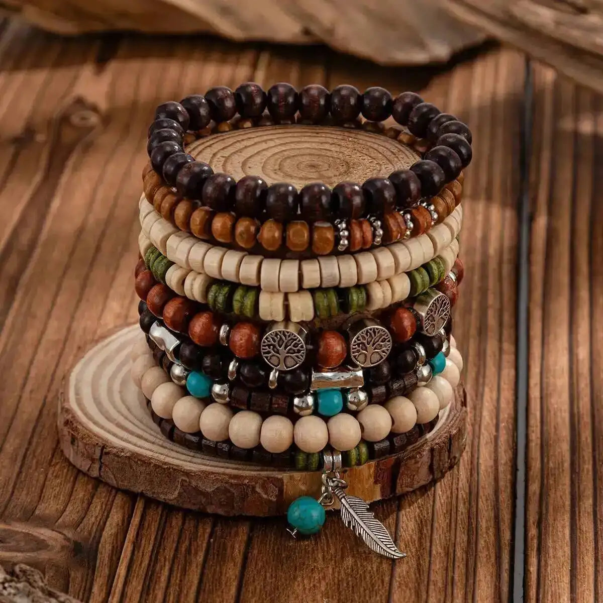 9Pcs/Set Ethnic Feather Tree of Life Pendant Bracelet for Men on Hand Elastic Wooden Beaded Bangles Couple Jewelry Gift