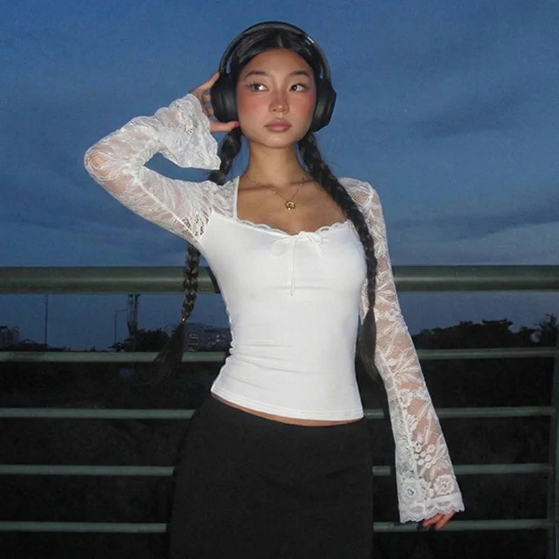 Lace Long Sleeve Crop Tops for Woman Sexy Shirts Blouses White Black Spring 2026