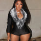 Luxury Fur Deep V Collar Romper Women Full Sleeve Sexy Skinny Fitness Activity Streetwear Hipster Workout Playsuit