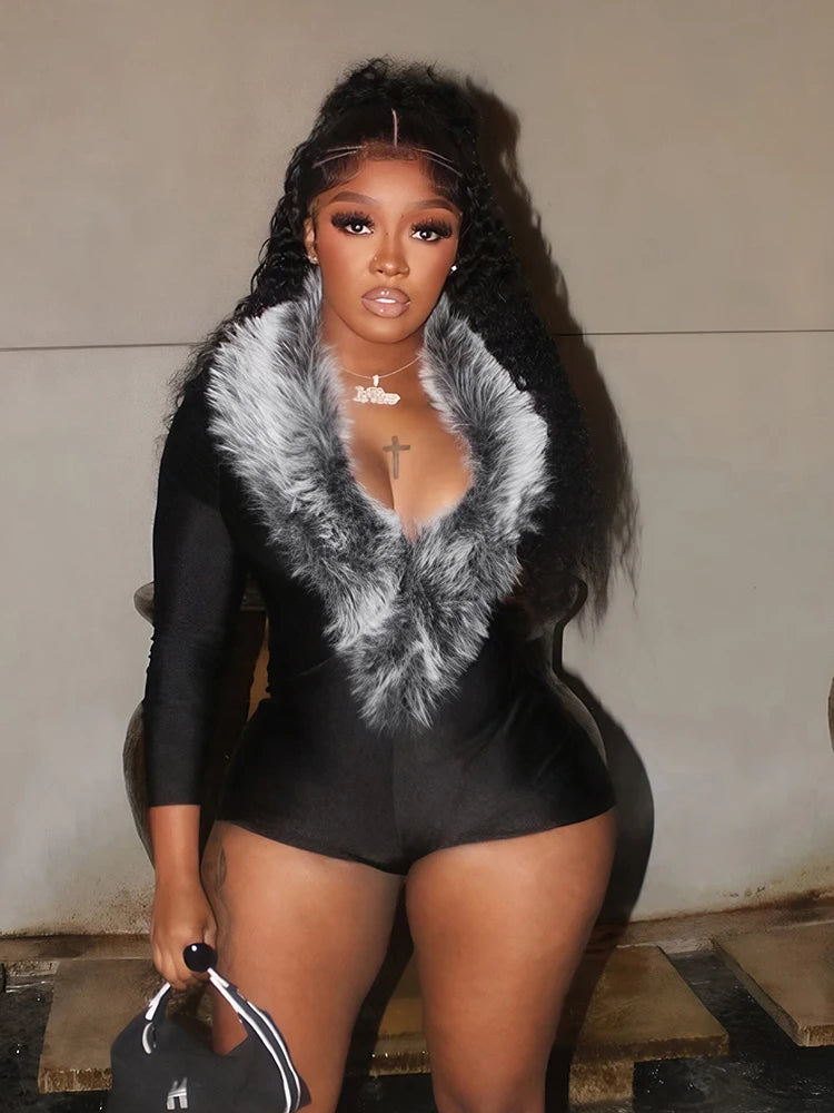Luxury Fur Deep V Collar Romper Women Full Sleeve Sexy Skinny Fitness Activity Streetwear Hipster Workout Playsuit