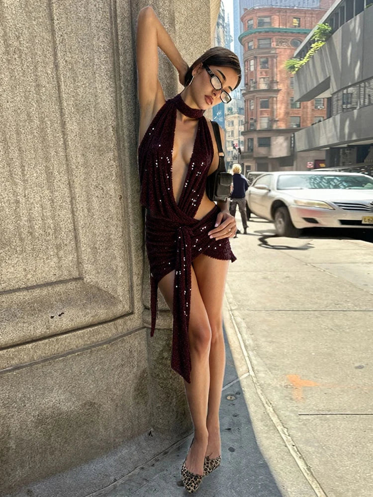 Shiny Sequins Dress Women Halter Scarf+Sexy Deep V-Neck Backless Sleeveless Ruched Ribbon Club Coquettish Outfits