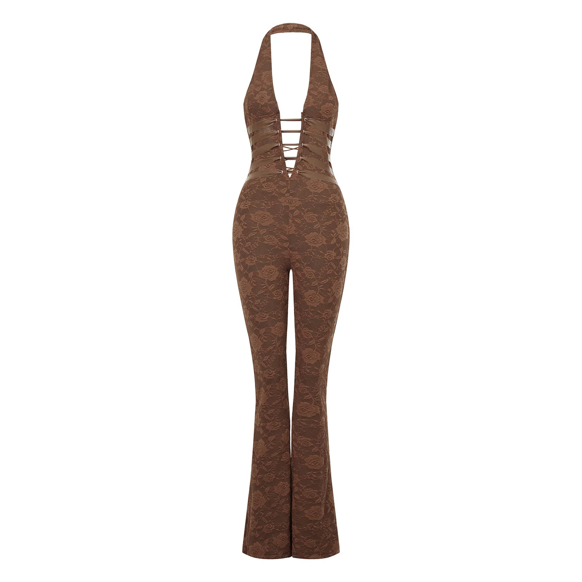 Chic Women Lace Jumpsuits Halter Neck Cross Backless Sleeveless Long Rompers Summer Slim Playsuit Clubwear ropa de mujer