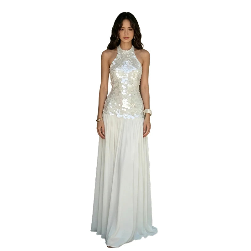 Sequin Maxi Dress Women o-Neck Sleeveless Patchwork Folds Skinny Chic Vacation Summer Wedding Party Fashion Vestidos