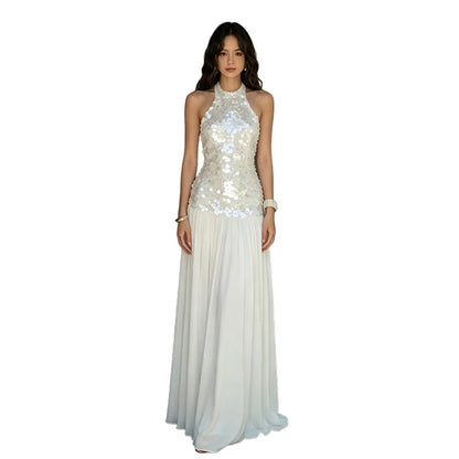 Sequin Maxi Dress Women o-Neck Sleeveless Patchwork Folds Skinny Chic Vacation Summer Wedding Party Fashion Vestidos