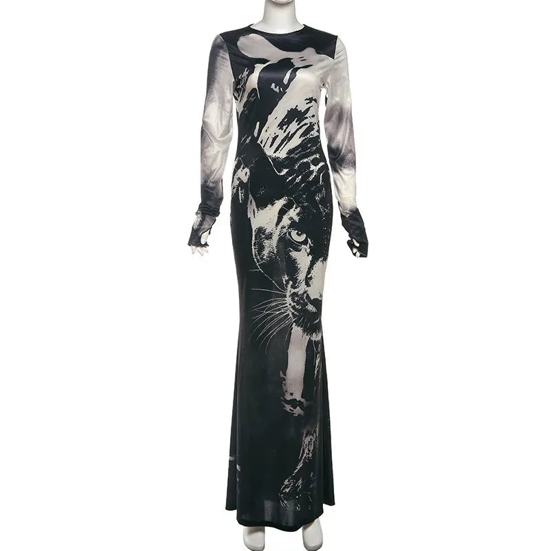 Animal Printed Black Dress Woman Elegant Crew Neck Long Sleeve Maxi Dresses Fall Fashion 2025