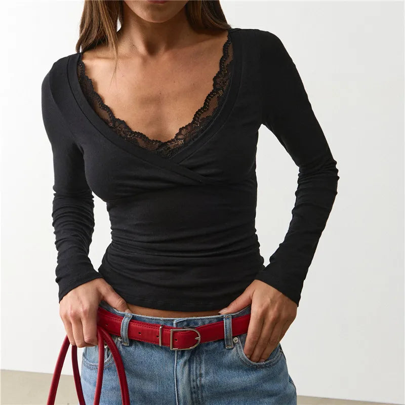 Lace Trim V Neck Wrap Long Sleeve Crop Top Women Slim Ruched Solid Color Basic Layering T Shirt Autumn Going Out Blouse