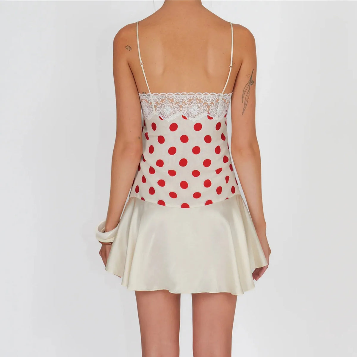 Y2K Polka Dot Sexy Mini Dress Women Summer Lace Satin Spaghetti Strap Sleeveless Backless Slim Fit Beach Club Dress