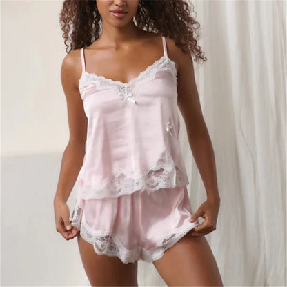 Womens Satin Lace Trim Pajama Sets Cute Silk V Neck Cami Nightwear Sleepwear Pj Sexy Satin Strap Lingerie Shorts Set