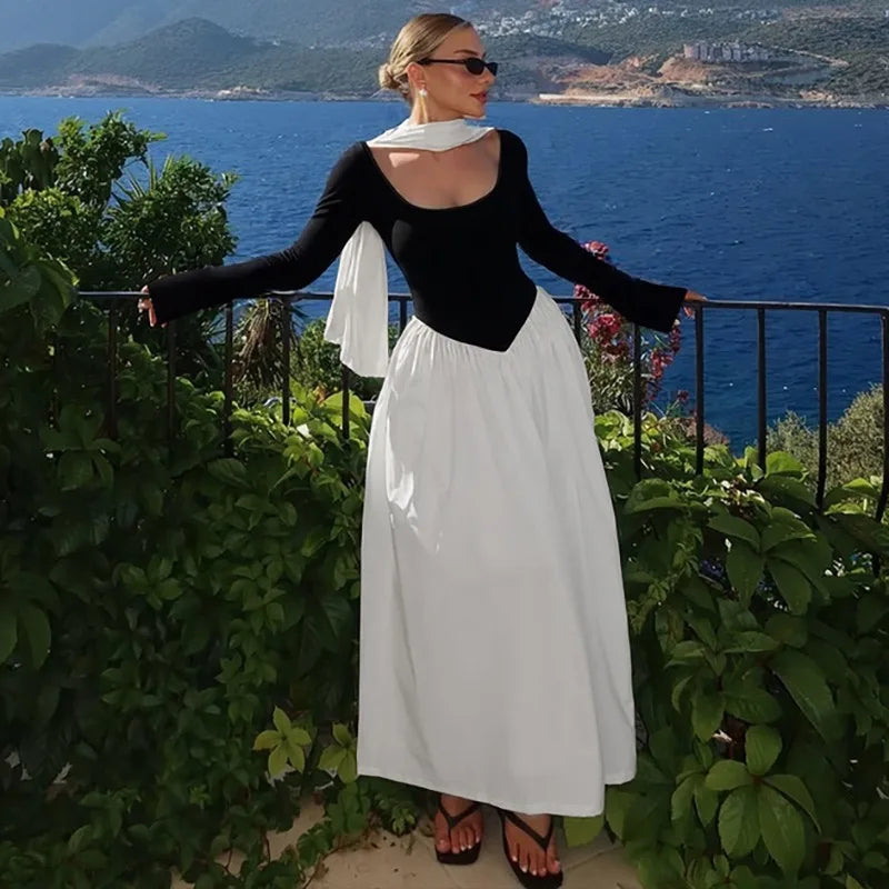 Long Sleeve Maxi Dress with Scarf Elegant Black and White Patchwork Autumn Dresses Woman Clothing 2025