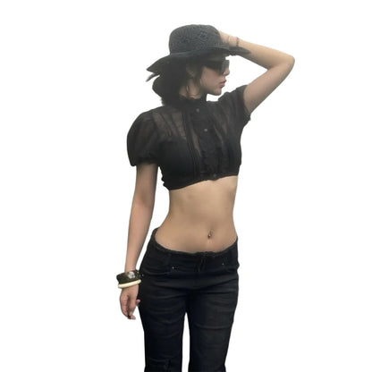 Single-Breasted t-Shirt Women See Through Folds Puff Sleeve Line Decoration Sweet Summer Fashion Daily Streetwear